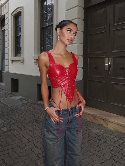 Kliou PU Leather Tank Tops Woman Low-Neck Shirring Backless Irregular Hem Skinny Stretch Hot Girls High Street Style Clothing