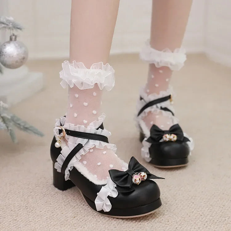 Cross Strap Women High Heels Mary Jane Pumps Party Wedding Cosplay White Pink Black Strawberry Bow Princess Cosplay Lolita Shoes
