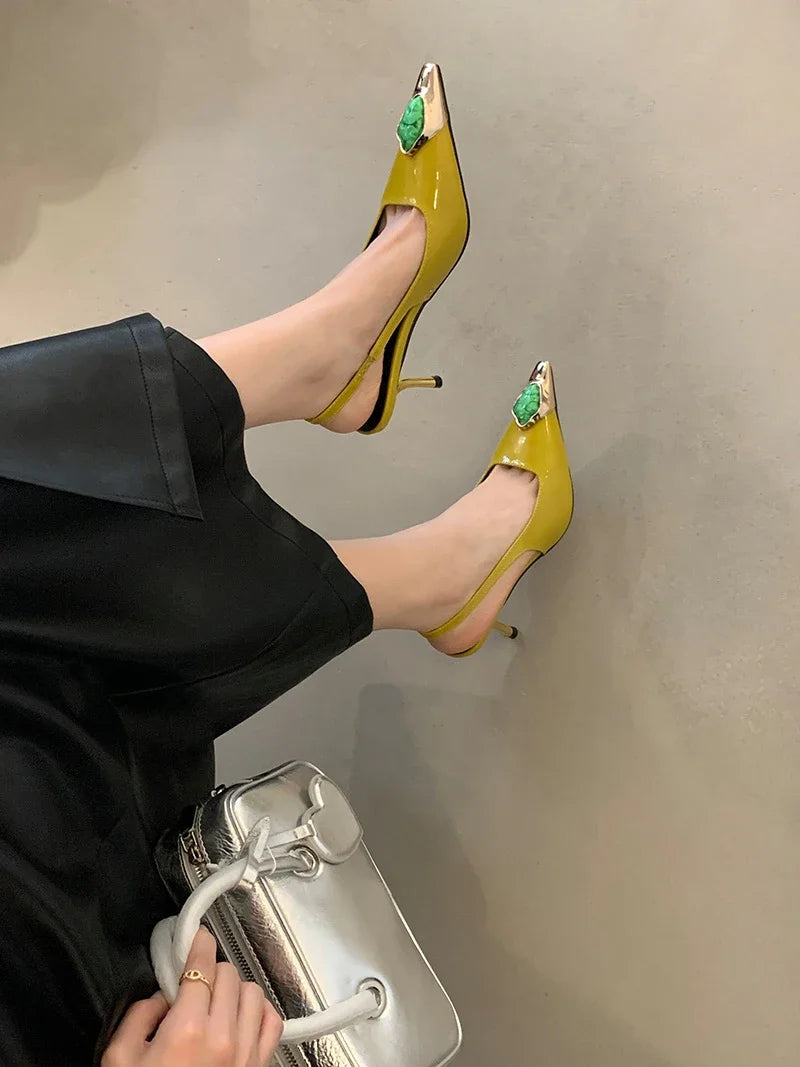 Fashion Design Inlay Gems Pointed Toe Patent Leather Sexy Slingback Sandals Women Pumps High Heels Wedding Banquet Shoes