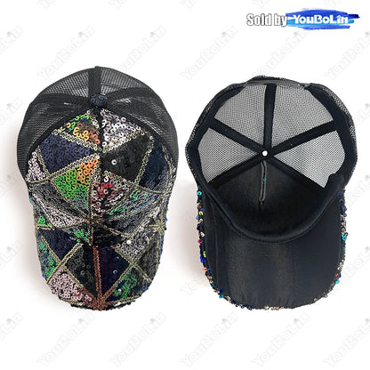 Summer Shiny Sequin Back Mesh Adjustable Cotton Baseball Cap Sun Hat