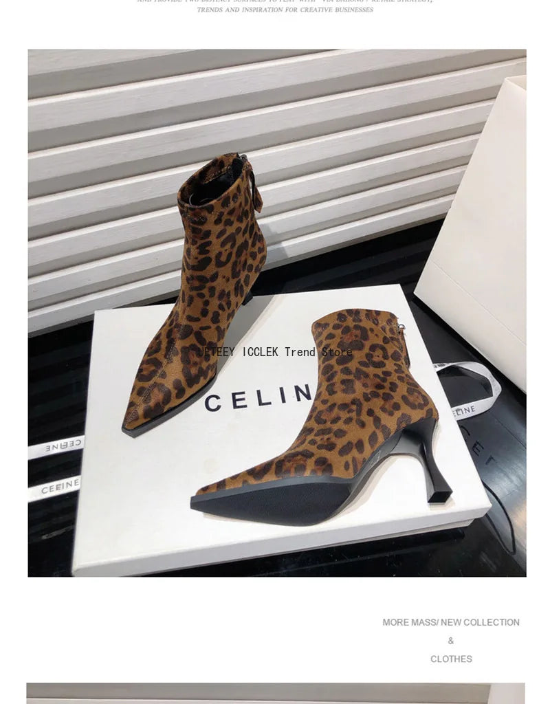 Leopard Print Women Ankle Boots Fashion Elegant Dancing Party Prom Shoes High Heel Women's Modern Short Booties