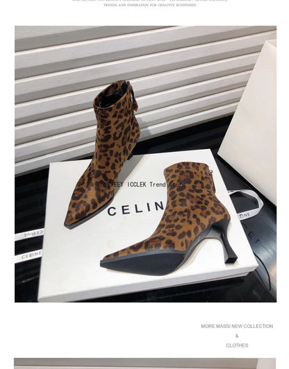 Leopard Print Women Ankle Boots Fashion Elegant Dancing Party Prom Shoes High Heel Women's Modern Short Booties