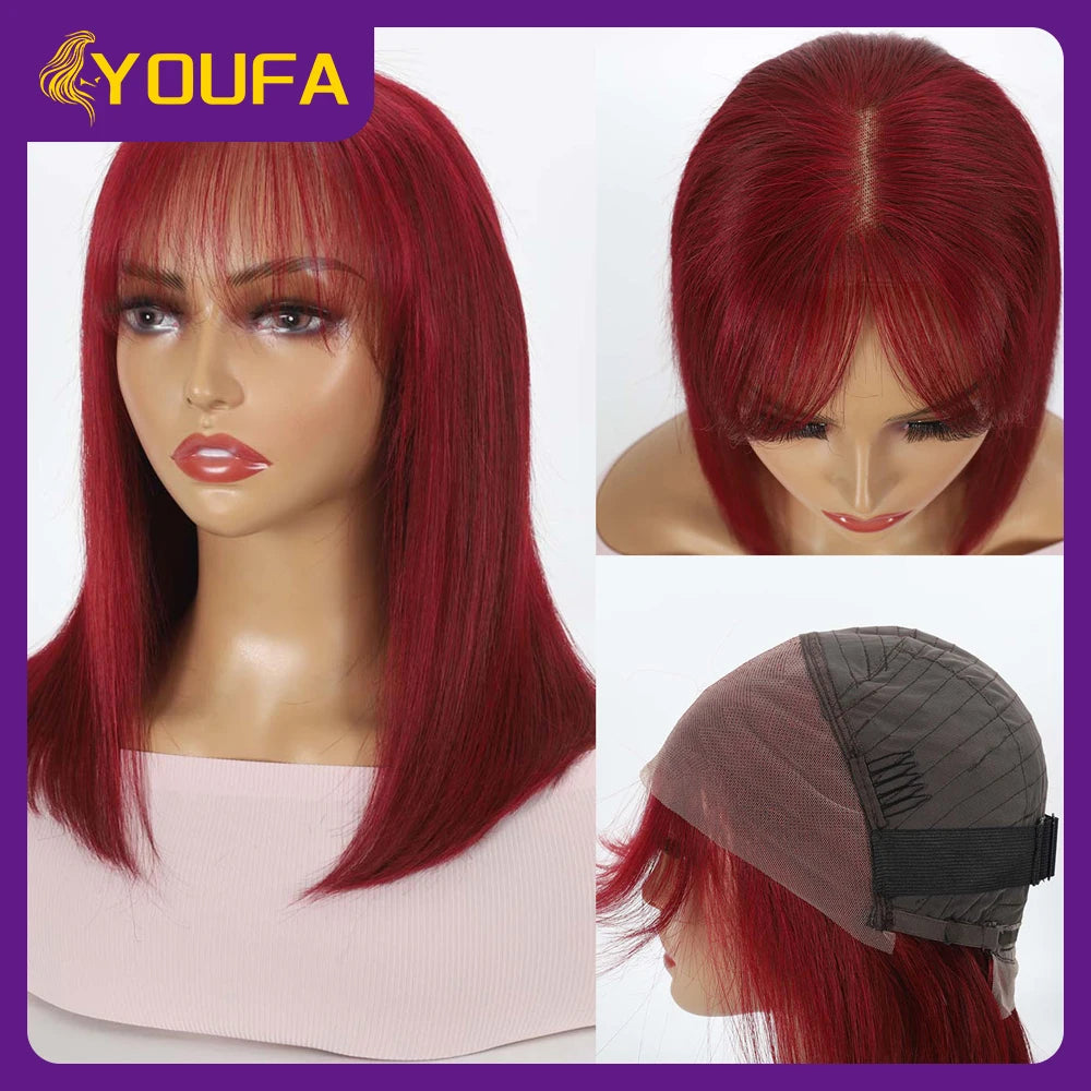 Burgundy 13x4 Lace Front Wigs With Bangs New Style 100% Brazilian Straight Human Hair Wigs Transparent Lace Frontal Bang Wigs
