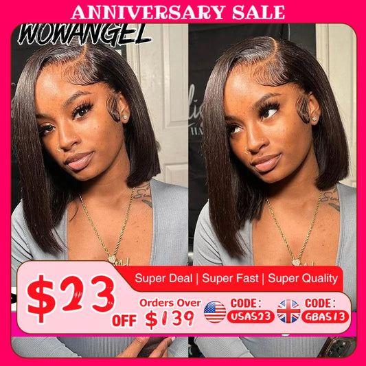 Wow Angel 13x6 HD Lace Front Wigs Short Bob Straight Lace Frontal Human Hair Wigs Pre Plucked Lace Melted Brazilian For Women