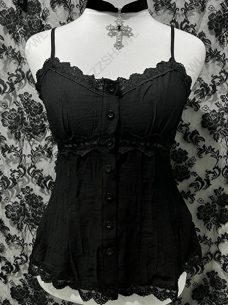 Gothic Y2K Aesthetic Women's Camisole Top Casual Slim Fit Sexy Solid Color Lace Crop Tees Grunge Punk Hotties Summer Streetwear