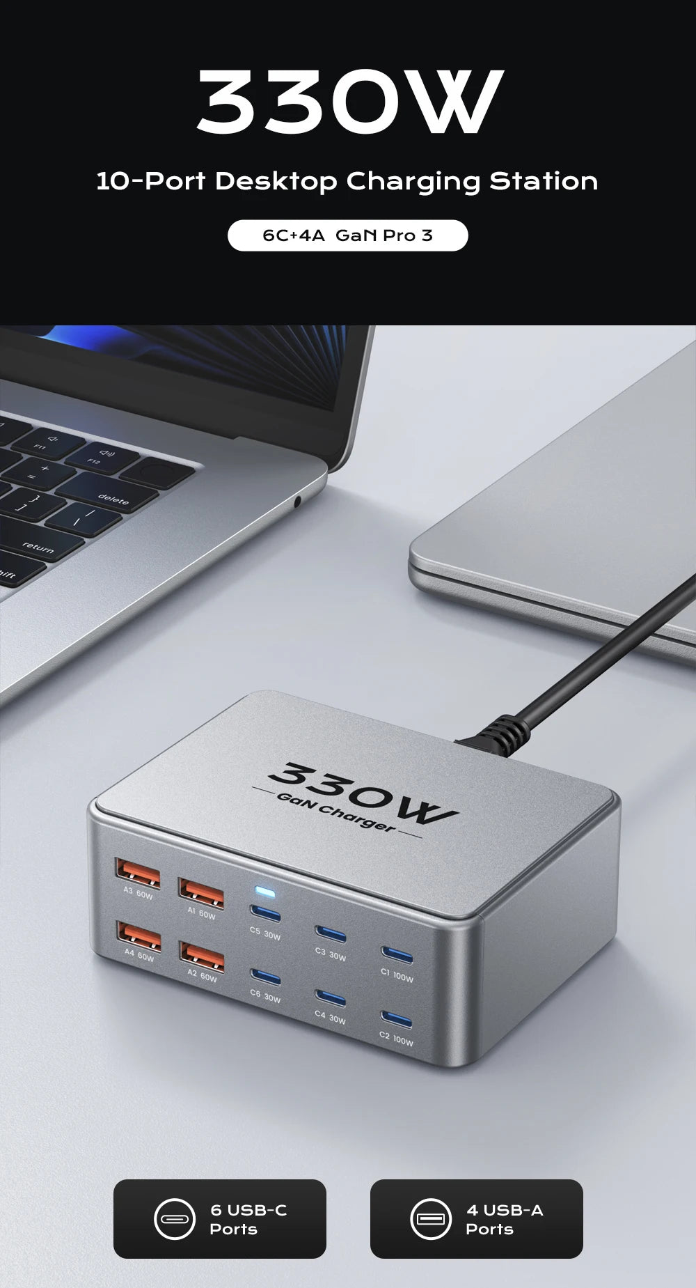 330W USB C GaN Charger 100W PD3.0 PPS QC3.0 Multiport Fast Charging Station For Laptop iPhone 15 16 Samsung Macbook Pro Tablet