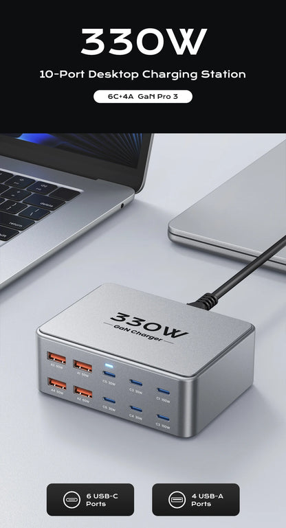 330W USB C GaN Charger 100W PD3.0 PPS QC3.0 Multiport Fast Charging Station For Laptop iPhone 15 16 Samsung Macbook Pro Tablet