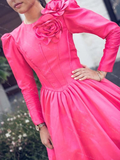 Elegant Women's A-line Prom Dress Round Neck Full Sleeves Evening Gown with 3D Flowers Floor-Length Satin Formal Dress Custom