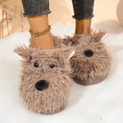 Cartoon Puppy Fluffy Fur Indoor Slippers Women 2025 Winter Thick Bottom Furry Mules Slippers Warm Plush Home Slides for Womon