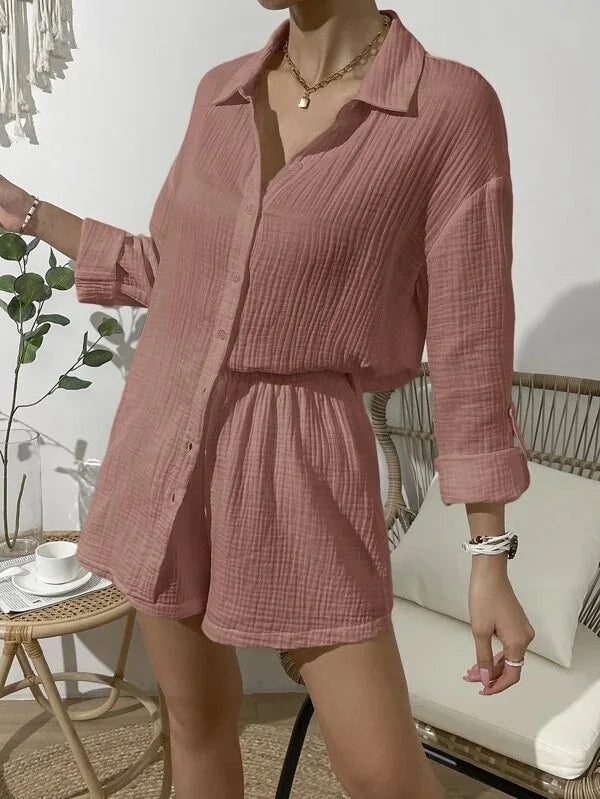 100% Cotton Gauze Muslin Sets For Women 2 Pieces Long Sleeve Shirts And Loose High Waist Mini Shorts Sets Ensemble Femme