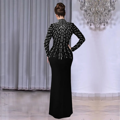 Temperament Elegant Party Diamond Pearl Long Bodycon Dress Women O Neck Long Sleeve Glitter Club Evening Black Sheath Maxi Dress