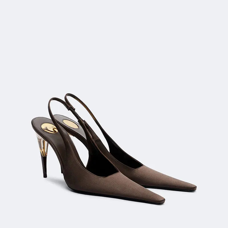 Women Satin Pointed‑Toe Stiletto Pumps with Clear Heel, Elegant Back Strap Dress Heels for Formal Dating Club Occasions