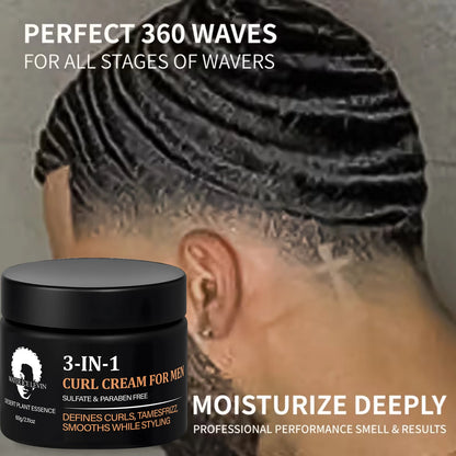 Men's 3-IN-1 Curl Cream with Coconut Oil & Collagen Defines Curls Tames Frizz Smoothes Styling Sulfate Free 60g