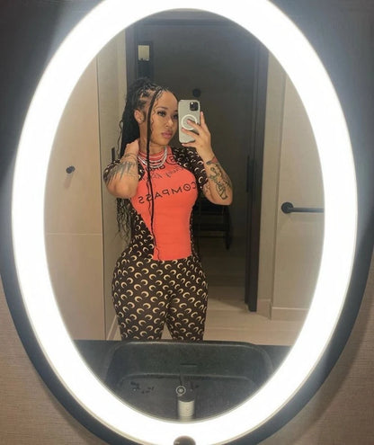 Sportswear Set Women Short Sleeve T Shirt Tight Pants 2 Piece Moon Print Stretch Slimming Sexy Base Fashion