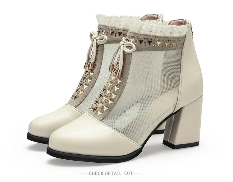 2025 Elegant High Heels Mesh Bow Summer Shoes High Heel Women Sandals Fish Mouth Black Leather Sandal Ankle Boots Luxury Fashion
