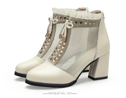 2025 Elegant High Heels Mesh Bow Summer Shoes High Heel Women Sandals Fish Mouth Black Leather Sandal Ankle Boots Luxury Fashion
