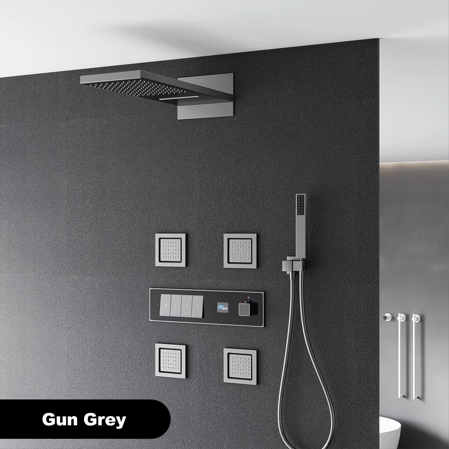 Gun gray brass luxury LED digital display constant temperature shower system embedded ceiling hot and cold water bathroom mixer