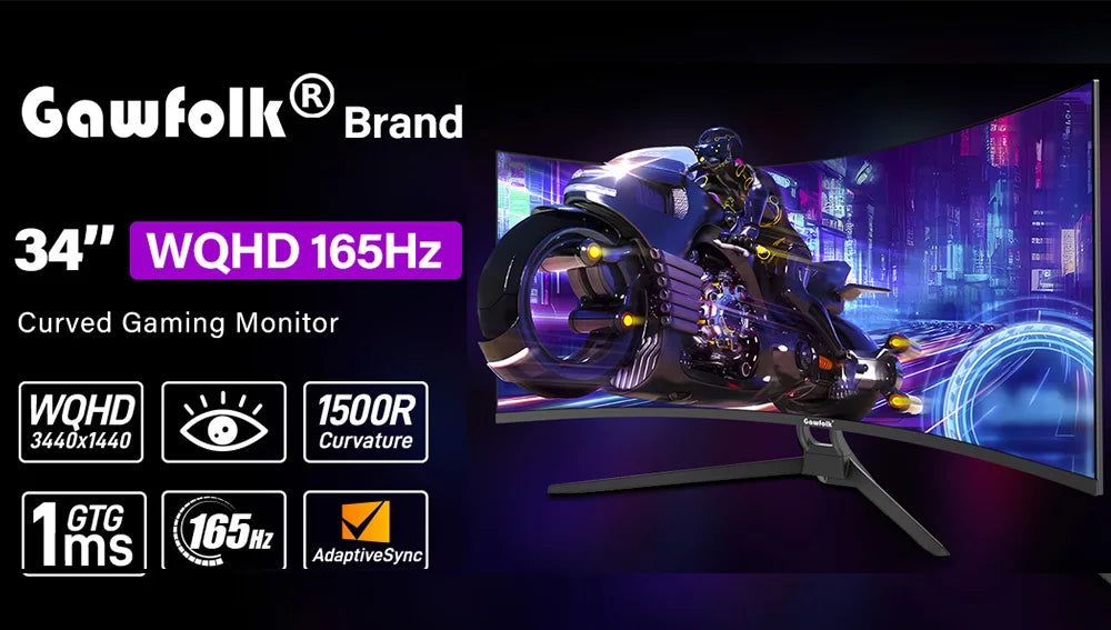 Gawfolk 34 Inch Ultrawide Curved Gaming Monitor, 1500R Curvature 165hz UWQHD, Curved Computer Screen with FreeSync,