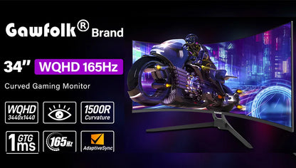 Gawfolk 34 Inch Ultrawide Curved Gaming Monitor, 1500R Curvature 165hz UWQHD, Curved Computer Screen with FreeSync,