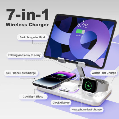 7-in-1 Wireless Charger Station 15W Foldable Fast Charging Alarm Clock Night Light for iPhone 17 16 15 14 Apple Watch AirPods