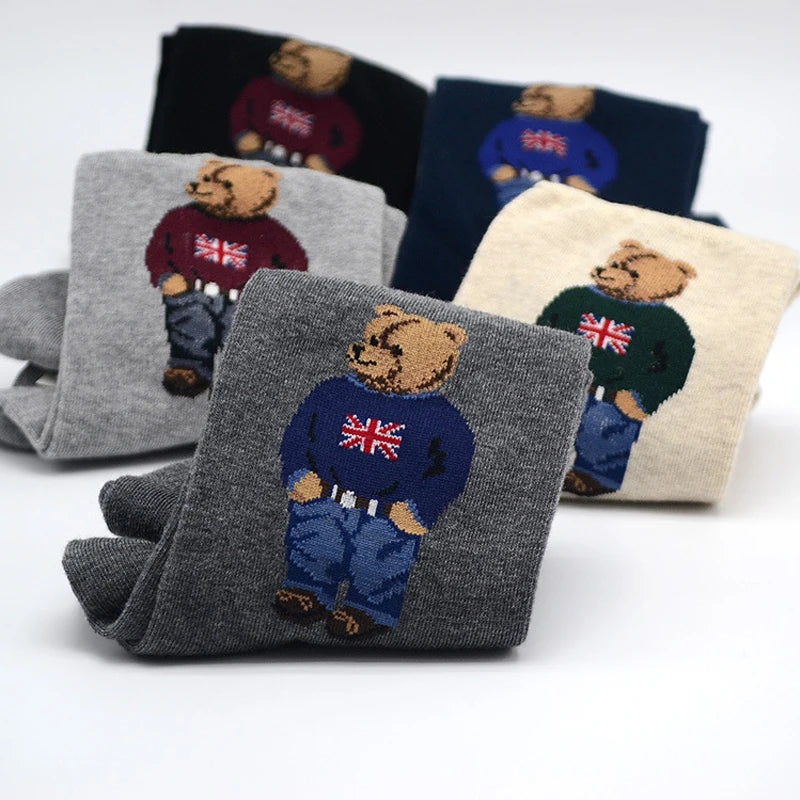 Polo Socks Men Gentleman Cotton Socks Bear Cartoon Bussiness Harajuku Skateboard Novelty Breathable Sox Designer Socks Size46-39