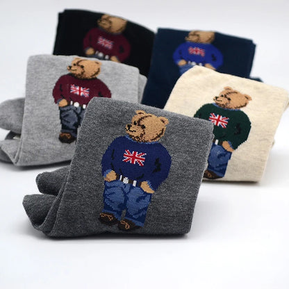 Polo Socks Men Gentleman Cotton Socks Bear Cartoon Bussiness Harajuku Skateboard Novelty Breathable Sox Designer Socks Size46-39