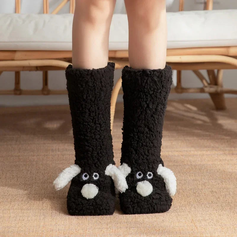 Fuzzy Fluffy Sock Women Cartoon 3D Dog Winter Warm Plush Non slip Home Sleeping Soft Female Floor Thermal Funny Slipper Sock