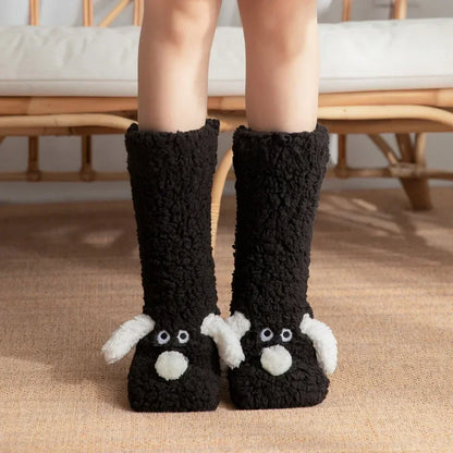 Fuzzy Fluffy Sock Women Cartoon 3D Dog Winter Warm Plush Non slip Home Sleeping Soft Female Floor Thermal Funny Slipper Sock