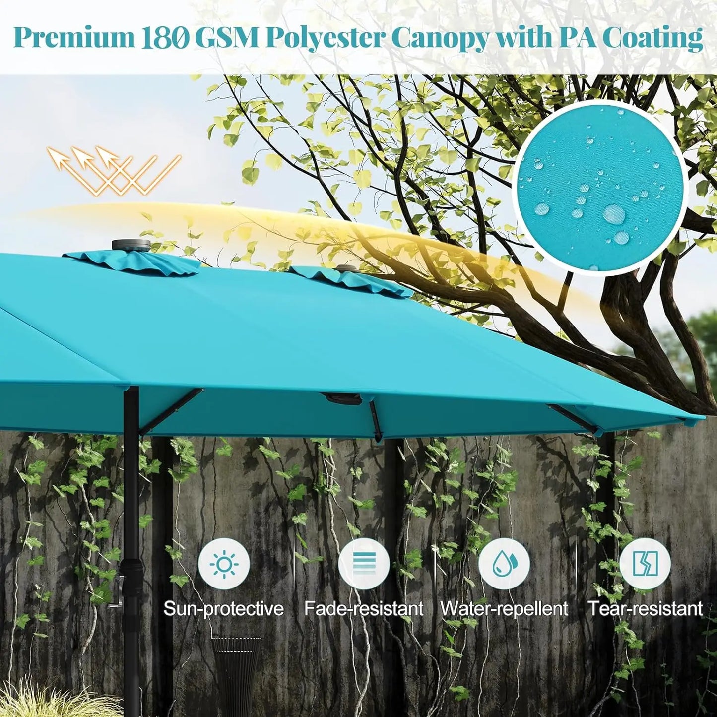 15FT Double-Sided Solar Patio Umbrella, Extra-Large Outdoor Twin Umbrella with 48 LED Lights, Vented Top, Customized