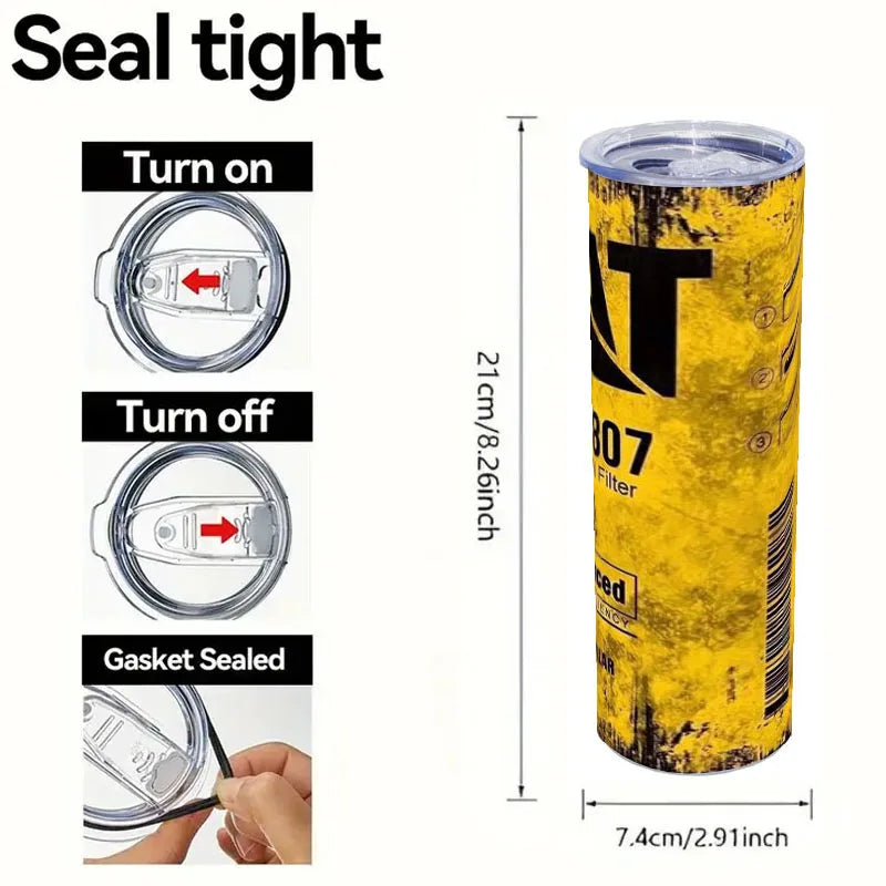 20Oz Stainless Steel Insulated Tumbler Engine Oil filter Yellow Double walled with Straw and Lid keep Cold Hot Drink Car Cup