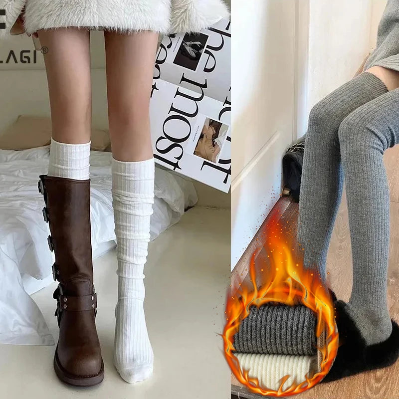 Long Socks Women Soft Wool Cashmere Socks Winter Solid Knitted Stocking Skinny Casual Knee High Fluffy Warm Thicken Girls Socks