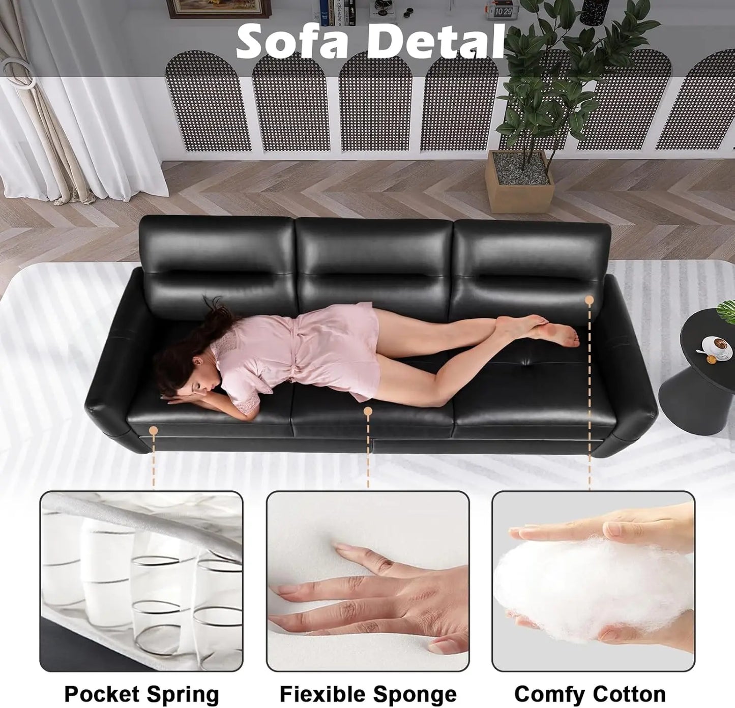 [New Arrival!]85” Black Faux Leather Couch with USB, 3 Seater Sofa Couches for Living Room, Large Mid Century Modern Office Apar