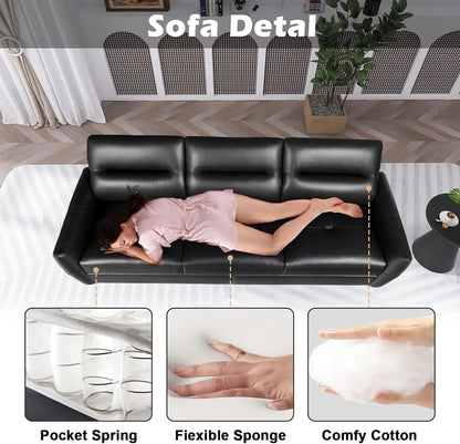 [New Arrival!]85” Black Faux Leather Couch with USB, 3 Seater Sofa Couches for Living Room, Large Mid Century Modern Office Apar