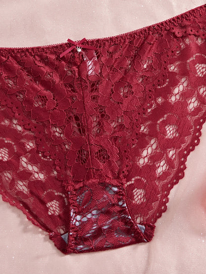 Women's Sexy Lingerie Set Lace Patchwork Solid Color Bowknot Rhinestone Embellished Push-Up Double Shoulder Strap Unlined Comfortable Underwear, Lace Semi-Transparent Breathable Panties
