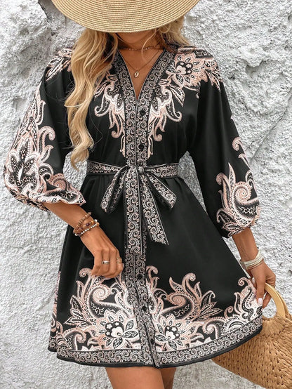 Elegant Women's Retro Printed V Neck Lantern Sleeve Dress Spring Summer Fashion Cinched Waist Lace-up Female Vacation Shortskirt
