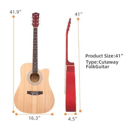 Acoustic Folk Guitar Cutaway Spruce Top Matte Natural Wood Color Music Instrument for Beginner Student