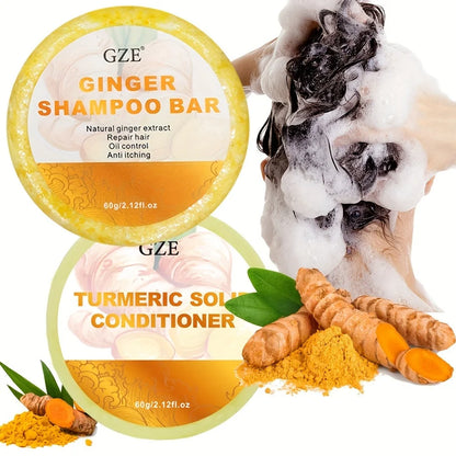 GZE Ginger Shampoo Bar Soap and Turmeric Solid Conditioner Hair Set for Thinning, Lock in Moisture & Shine and Control Frizz.