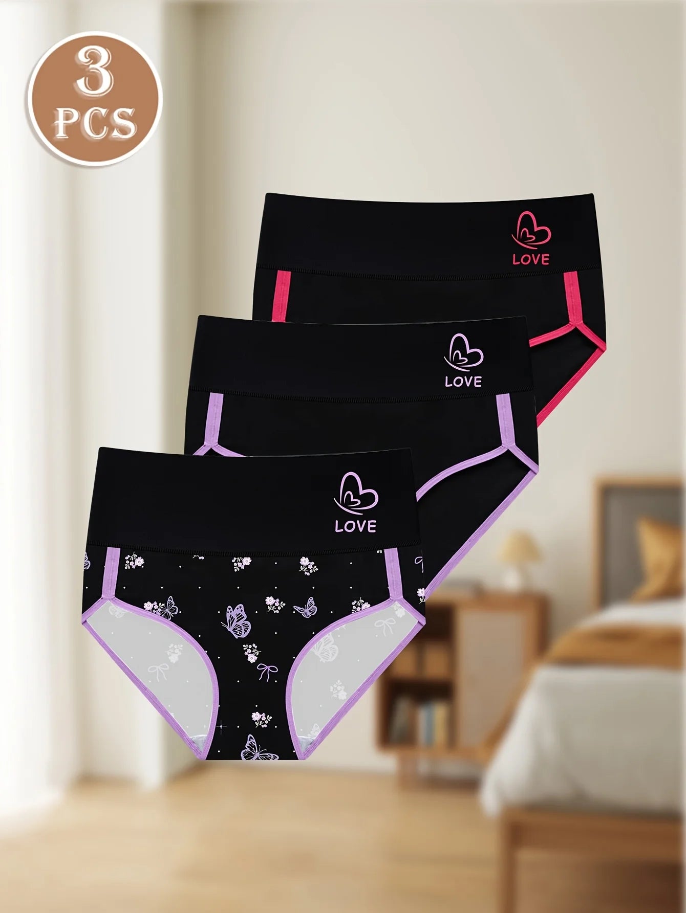 3-Pack Women's High-Waisted Tummy Control Briefs - Elegant Contrast Trim with Floral & Butterfly Design, Soft Breathable Fabric,