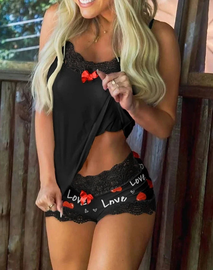 New Fashion 2023 Casual Summer Womens Two Piece Sets Outfit Sexy Floral Print Lace Trim Sleep Cami Set Female Clothing