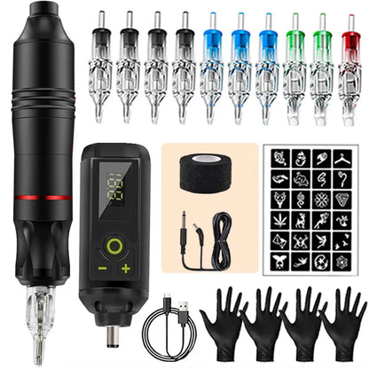 Tattoo Kit Rotary Wireless Tattoo Machine Pen with Tattoo Cartridge Needles Accessories Set Tattoo Design Draw Kit