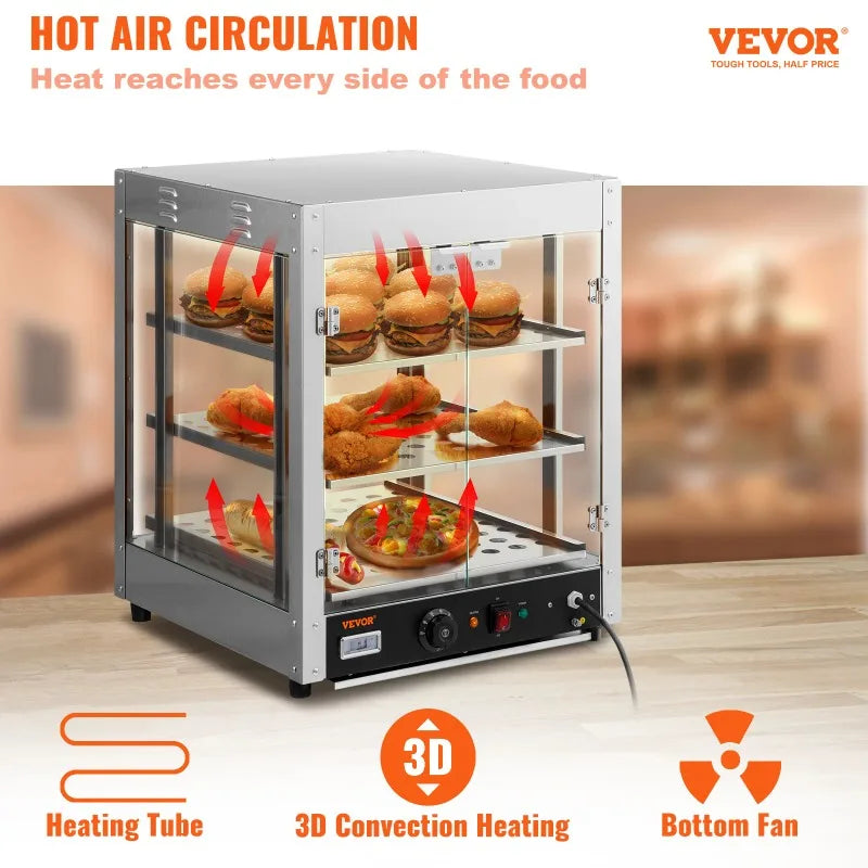 SucceBuy 2/3 Tiers Countertop Food Warmer Commercial 3D Heating Pizza Pastry Warmer with Temp Knob Display Kitchen Appliance