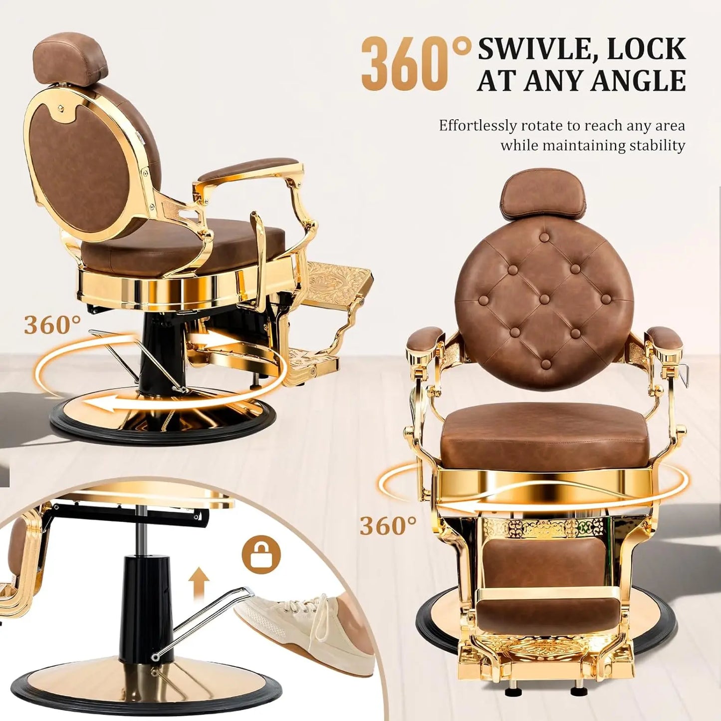 Retro Barber Chair Aluminum Frame Adjustable Headrest Footrest Hydraulic Reclining Salon Spa Shampoo, Customized