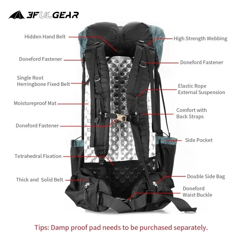 3F UL Gear Lightweight Waterproof Hiking Backpack 40+16L Outdoor Camping Travel Climbing Trekking Rucksack with Adjustable Strap