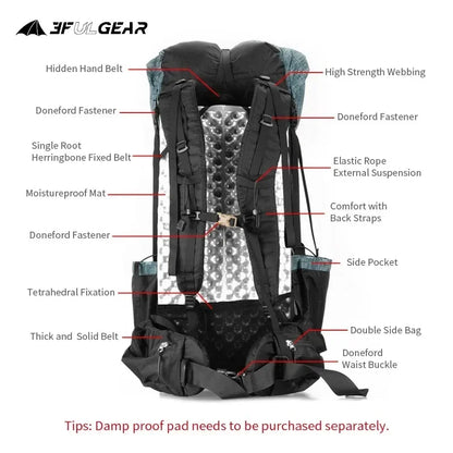 3F UL Gear Lightweight Waterproof Hiking Backpack 40+16L Outdoor Camping Travel Climbing Trekking Rucksack with Adjustable Strap