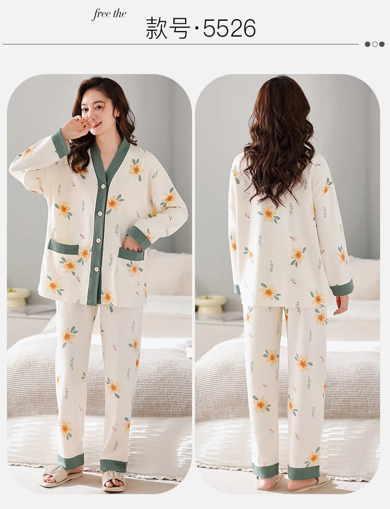 Autumn Women V-Neck Pajamas Sets Fashion Print Cotton Female Pyjamas Two Pieces Shirts + Pants Nighties Big Yards 5XL Sleepwear