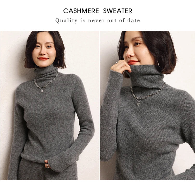100% cashmere sweater women's knitted pullover sweater high neck solid color slim fit soft cashmere basic women's sweater
