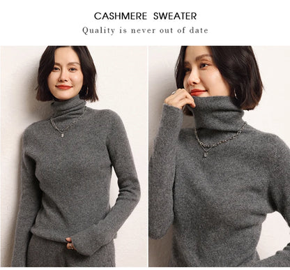 100% cashmere sweater women's knitted pullover sweater high neck solid color slim fit soft cashmere basic women's sweater