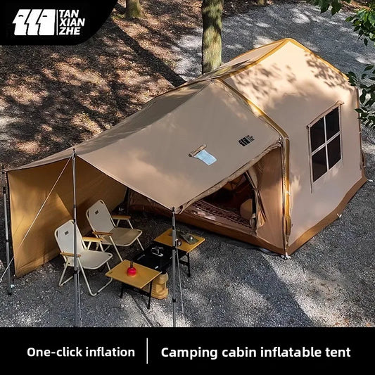 One-Button Inflatable House-Style Camping Tent, Rainproof Outdoor Overnight Family Tent with Bedroom and Living Area