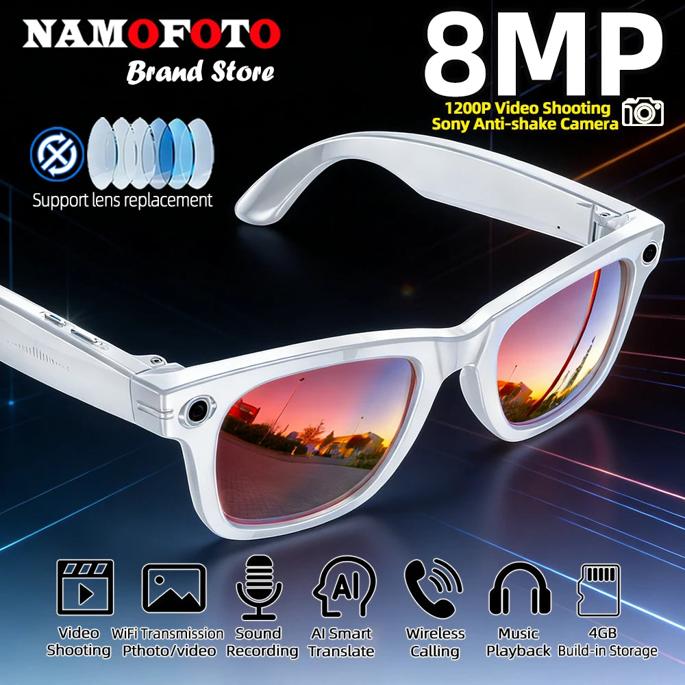 8MP HD Camera Smart Glasses Color-Changing AI Real-time Translation BT Call Music Play Photo Video Record Sunglasses Men Women