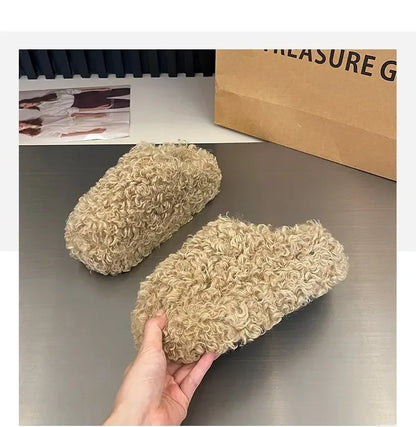 Thick Heel Luxury Lambwool Mules  Winter Shoes Woman Flip Flops Flat Cover Toe Slides Ins Warm Curly Lamb Fur Slippers Women